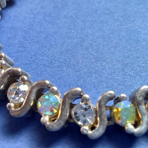 Mid Century Aurora Borealis Rhinestones Silver Tone Tennis Bracelet