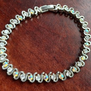 Mid Century Aurora Borealis Rhinestones Silver Tone Tennis Bracelet