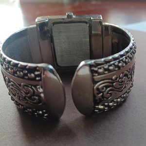 Studio Time Silver Tone Ornate Clamper Bracelet Wrist Watch, New Battery