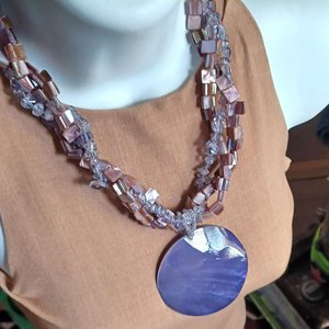Purple Mother of Pearl Statement Necklace, Bracelet and Dangle Earrings Jewelry Set