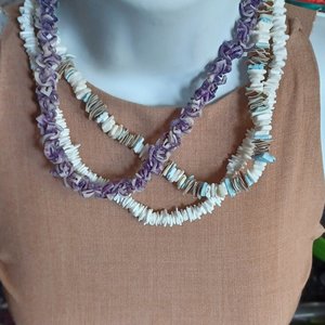 Set of 3 Tropical Seashells Beaded Necklaces, Vintage, Surfer Necklaces