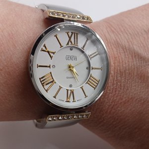 Vintage Geneva Silver and Gold Tone Clamper Bracelet Fashion Watch, Runs