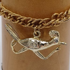 Gold Tone Chain with Large Gold Roadrunner Charm Bracelet, Vintage, Southwestern