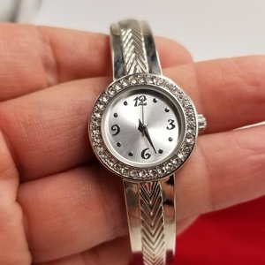 Ladies Silver Tone Round Rhinestones Clamper Bracelet Watch