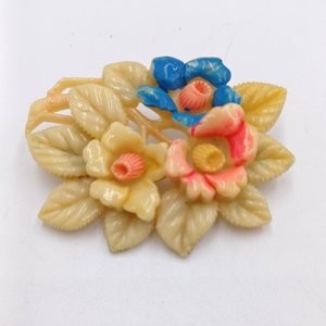 Vintage 1940's Celluloid Hand Painted Floral Brooch, Japan