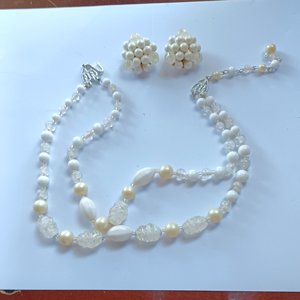 Vintage Matte White and Glass Beaded Multi Strand Choker Necklace and Clip-on Earrings Set