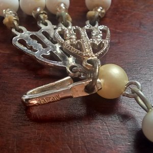 Vintage Matte White and Glass Beaded Multi Strand Choker Necklace and Clip-on Earrings Set