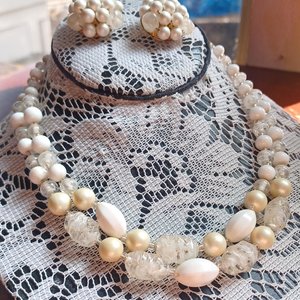 Vintage Matte White and Glass Beaded Multi Strand Choker Necklace and Clip-on Earrings Set