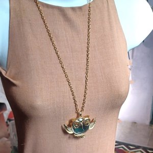 Gold Tone Large Fun Owl Mirror Pendant Necklace