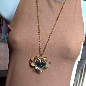 Gold Tone Large Fun Owl Mirror Pendant Necklace