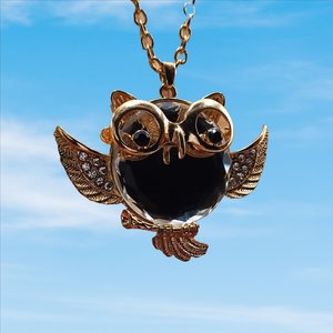Gold Tone Large Fun Owl Mirror Pendant Necklace