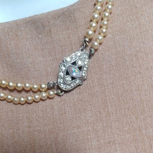 1950's Walker and Hill Dual Faux Pearls with Sterling Rhinestones Clasp Choker Necklace