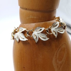 Vintage Coro Gold Tone Beige Enamel Leaf Motif Panel Bracelet, Gift for Her, Springtime Bracelet