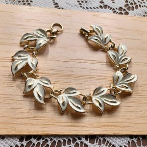 Vintage Coro Gold Tone Beige Enamel Leaf Motif Panel Bracelet, Gift for Her, Springtime Bracelet