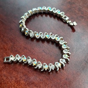 Mid Century Aurora Borealis Rhinestones Silver Tone Tennis Bracelet