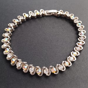 Mid Century Aurora Borealis Rhinestones Silver Tone Tennis Bracelet