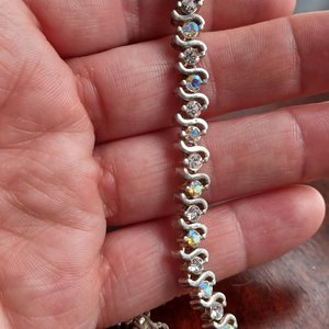 Mid Century Aurora Borealis Rhinestones Silver Tone Tennis Bracelet
