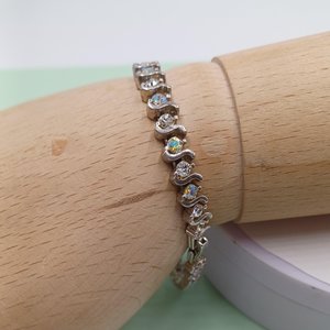 Mid Century Aurora Borealis Rhinestones Silver Tone Tennis Bracelet