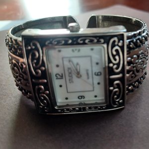 Studio Time Silver Tone Ornate Clamper Bracelet Wrist Watch, New Battery
