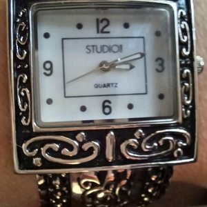 Studio Time Silver Tone Ornate Clamper Bracelet Wrist Watch, New Battery