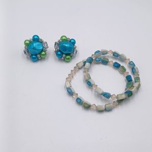 Mid Century Crystal, Teal and Neon Green Jewelry Set, Necklace Bracelets and Earrings
