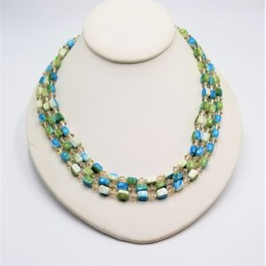 Mid Century Crystal, Teal and Neon Green Jewelry Set, Necklace Bracelets and Earrings
