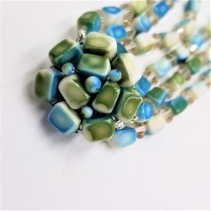 Mid Century Crystal, Teal and Neon Green Jewelry Set, Necklace Bracelets and Earrings
