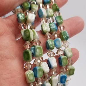 Mid Century Crystal, Teal and Neon Green Jewelry Set, Necklace Bracelets and Earrings