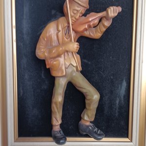 Vintage German Carved Wooden Fiddler in Frame, Home Decor, Unique Item, Vintage Art
