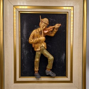 Vintage German Carved Wooden Fiddler in Frame, Home Decor, Unique Item, Vintage Art