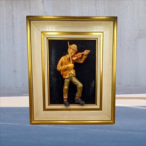 Vintage German Carved Wooden Fiddler in Frame, Home Decor, Unique Item, Vintage Art