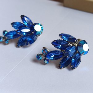 Vintage Signed Large Blue Rhinestones Brooch and Earrings Jewelry Set, Demi Parure