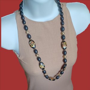 Asian Hand Painted Black Beads Long Necklace