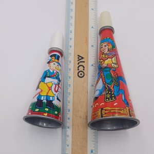 Pair of  1950's Tin Toy Litho Noise Maker Birthday Party Horns
