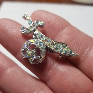 Shriner Masonic Scimitar Crescent & Star Over 30 AB Rhinestones Silver Tone Pin