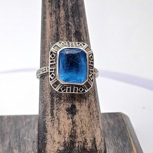 Antique  Art Deco Sterling Silver Blue Stone Ladies Ring, Size 6.75
