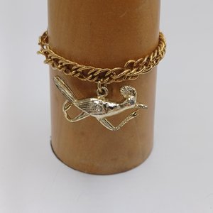 Gold Tone Chain with Large Gold Roadrunner Charm Bracelet, Vintage, Southwestern