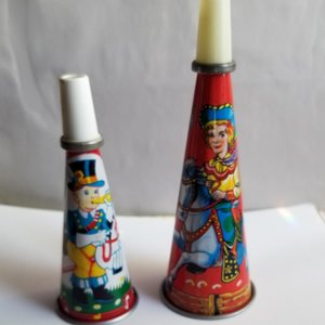 Pair of  1950's Tin Toy Litho Noise Maker Birthday Party Horns