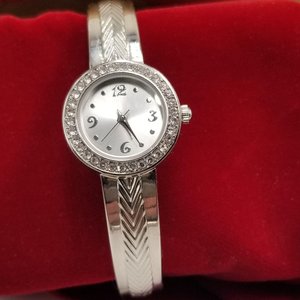 Ladies Silver Tone Round Rhinestones Clamper Bracelet Watch
