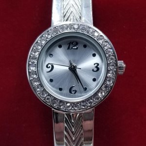 Ladies Silver Tone Round Rhinestones Clamper Bracelet Watch