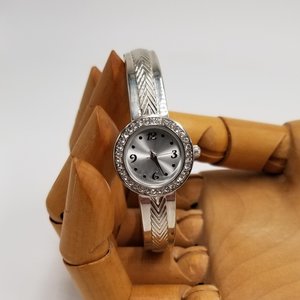 Ladies Silver Tone Round Rhinestones Clamper Bracelet Watch