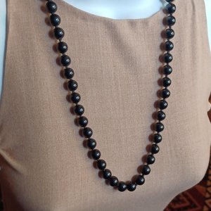 Heavy Black Knotted Stone Beads Vintage Necklace, Japan Necklace, Heavy