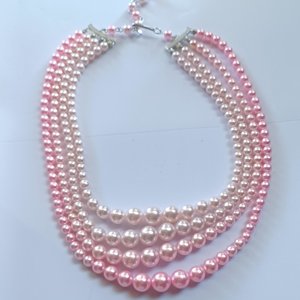 Vintage 1950's 4 Strand Powder Pink Faux Pearls Beaded Choker Necklace