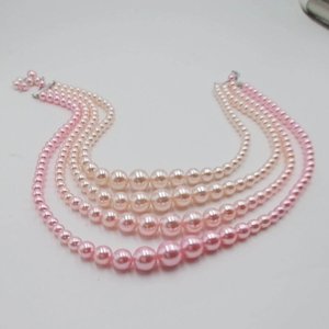 Vintage 1950's 4 Strand Powder Pink Faux Pearls Beaded Choker Necklace