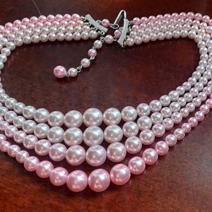 Vintage 1950's 4 Strand Powder Pink Faux Pearls Beaded Choker Necklace
