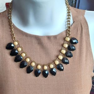Gold Tone with Faceted Black and Yellow Cabochons Statement Necklace