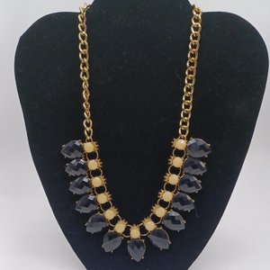 Gold Tone with Faceted Black and Yellow Cabochons Statement Necklace