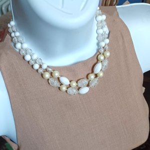 Vintage Matte White and Glass Beaded Multi Strand Choker Necklace and Clip-on Earrings Set