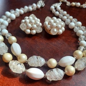 Vintage Matte White and Glass Beaded Multi Strand Choker Necklace and Clip-on Earrings Set