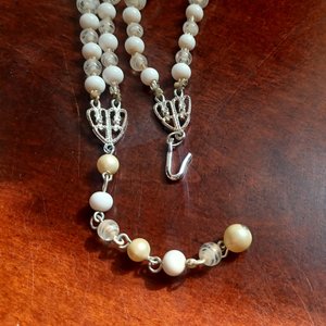 Vintage Matte White and Glass Beaded Multi Strand Choker Necklace and Clip-on Earrings Set